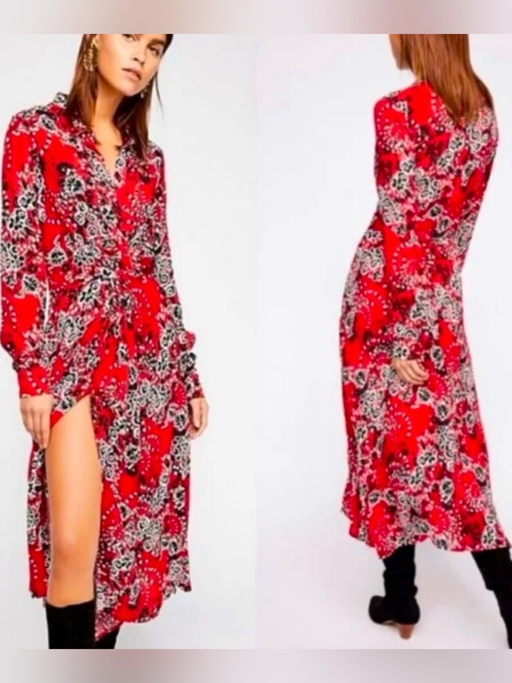 Free People tough love Red Floral maxi Dress with Long Sleeves